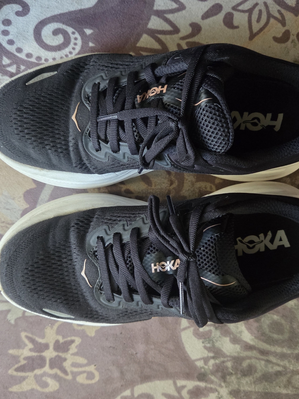 HOKA WOMENS BLACK ROSE GOLD SHOES